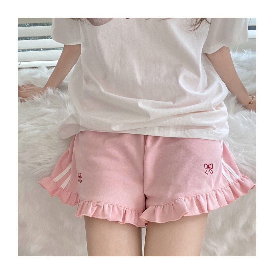 Cute Bow Kawaii Aesthetic Loose High Waist Shorts Pink Clothing and Accessories The Kawaii Shoppu