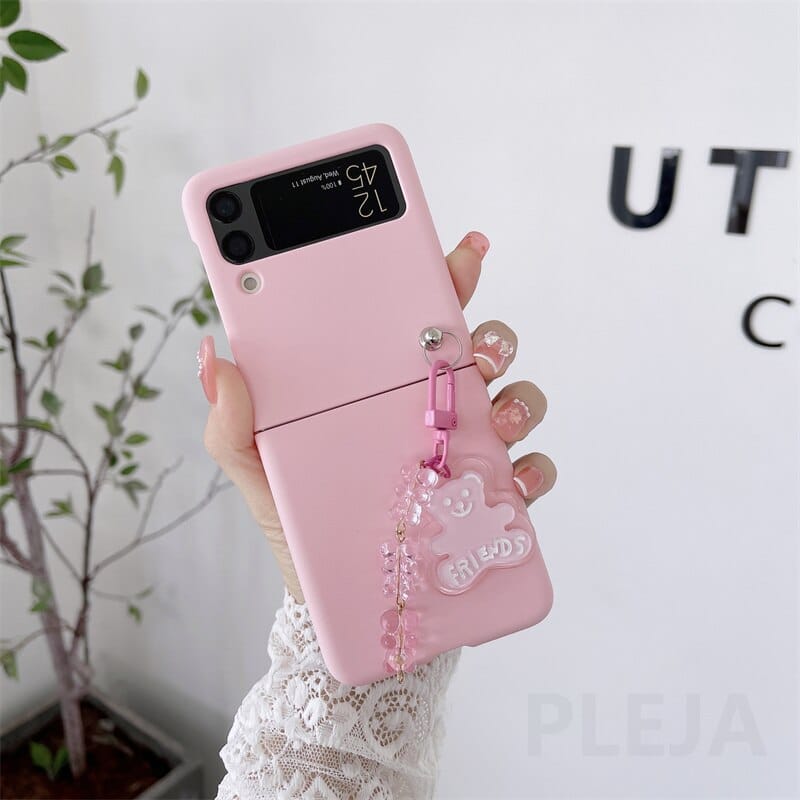Cute Cartoon Bear Pendant Phone Case For Samsung Galaxy Z Flip 3 For Z Flip 3 Pink Phone Cases & Covers The Kawaii Shoppu
