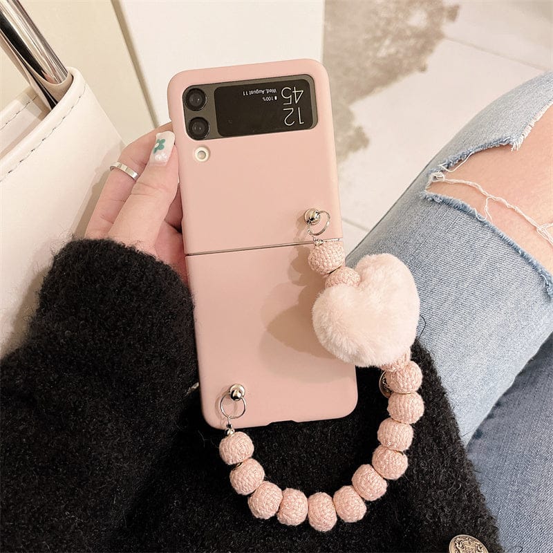 Cute Fluffy Heart Pompom Hand Rope Solid Phone Case For Samsung Z Flip 3 For Z Flip 3 Phone Cases & Covers The Kawaii Shoppu