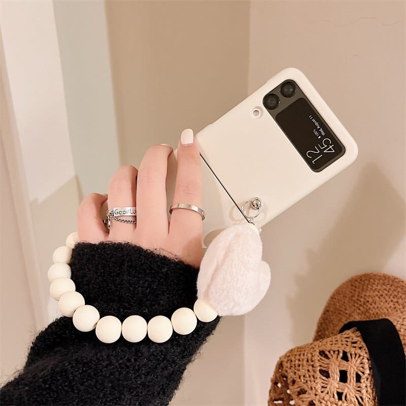 Cute Fluffy Heart Pompom Hand Rope Solid Phone Case For Samsung Z Flip 3 For Z Flip 3 Phone Cases & Covers The Kawaii Shoppu