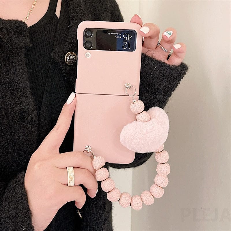 Cute Fluffy Heart Pompom Hand Rope Solid Phone Case For Samsung Z Flip 3 For Z Flip 3 Pink Phone Cases & Covers The Kawaii Shoppu