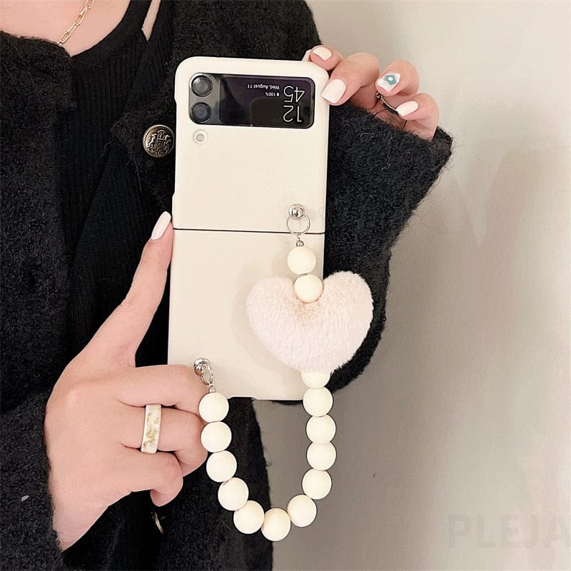 Cute Fluffy Heart Pompom Hand Rope Solid Phone Case For Samsung Z Flip 3 For Z Flip 3 White Phone Cases & Covers The Kawaii Shoppu