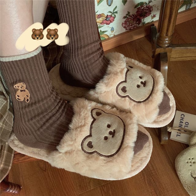 Cute Fluffy Kawaii Slippers open brown bear EU 35-36 Shoes The Kawaii Shoppu