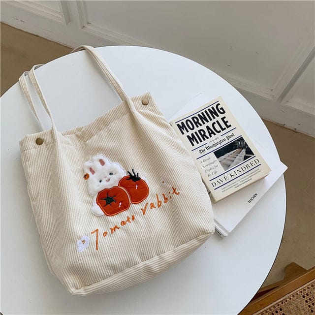 FaFa Rabbit Corduroy Tote Bag Tomato Rabbit Beige Bags The Kawaii Shoppu