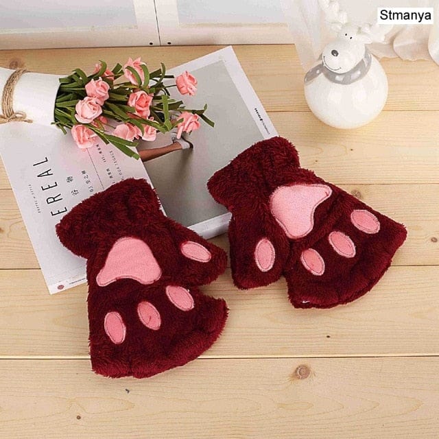 Fluffy Cat Paw Gloves Dark Red Fashion The Kawaii Shoppu