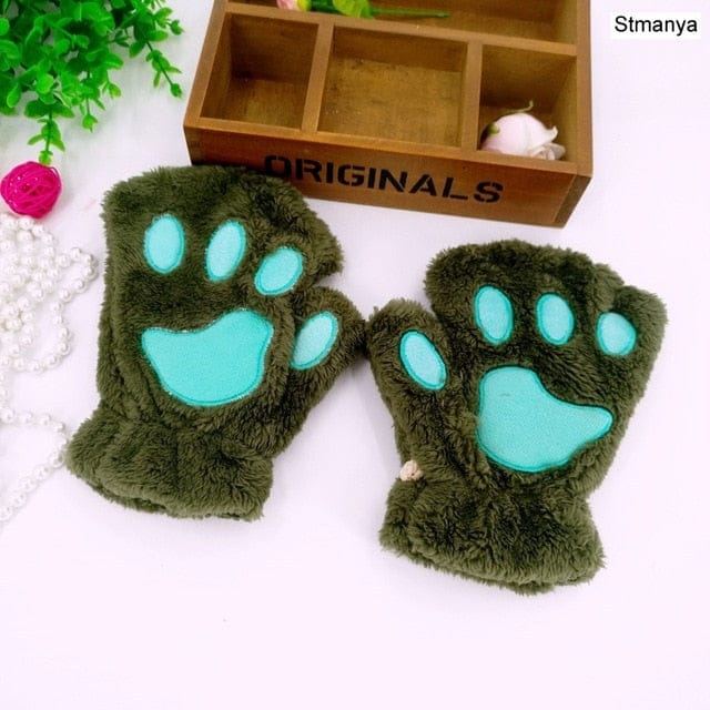 Fluffy Cat Paw Gloves Green Fashion The Kawaii Shoppu