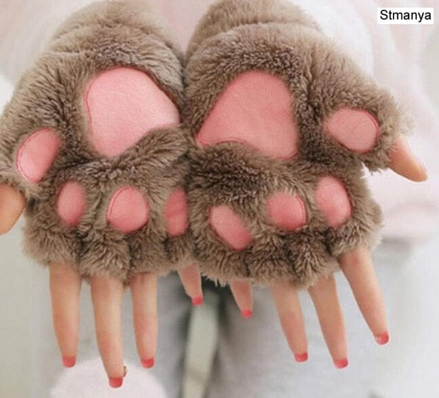 Fluffy Cat Paw Gloves Khaki Fashion The Kawaii Shoppu