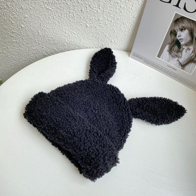 Fluffy Rabbit Ears Wooly Hat Black Clothing and Accessories The Kawaii Shoppu