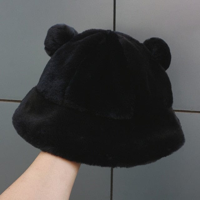 Fluffy Teddy Ears Bucket Hat Black Clothing and Accessories The Kawaii Shoppu