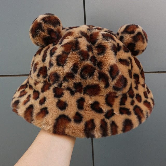 Fluffy Teddy Ears Bucket Hat leopard print Clothing and Accessories The Kawaii Shoppu
