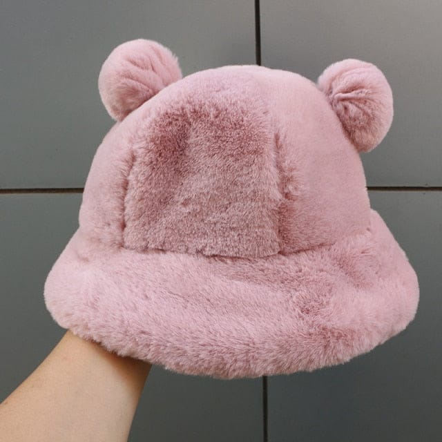 Fluffy Teddy Ears Bucket Hat Pink Clothing and Accessories The Kawaii Shoppu