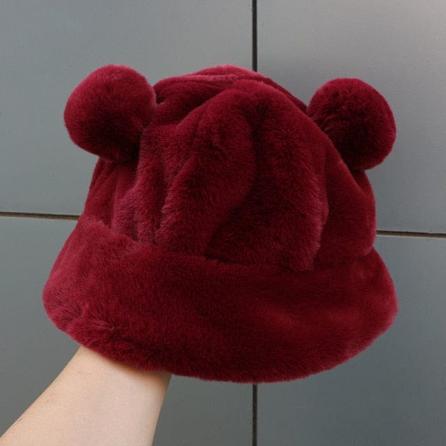 Fluffy Teddy Ears Bucket Hat Red Clothing and Accessories The Kawaii Shoppu