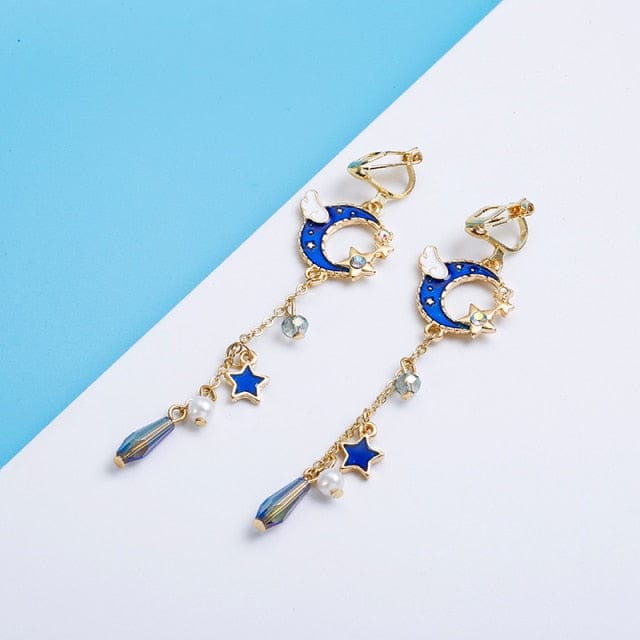 Flying Moon Magical Girl Drop Earrings Blue long Jewellery The Kawaii Shoppu