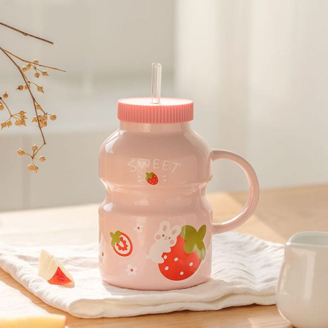 Fruity Ceramic Milk Bottle Mug pink strawberry Bottle The Kawaii Shoppu