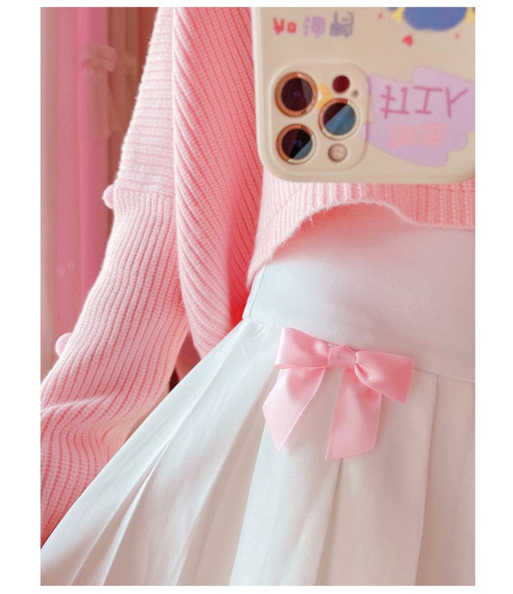 High Waist Mini Pleated Bow Skirt White Clothing and Accessories The Kawaii Shoppu