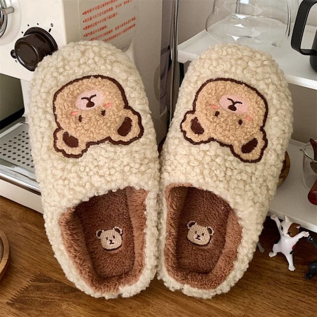 Kawaii Bear Fluffy Cute Slippers Khaki EU 36-37 Shoes The Kawaii Shoppu