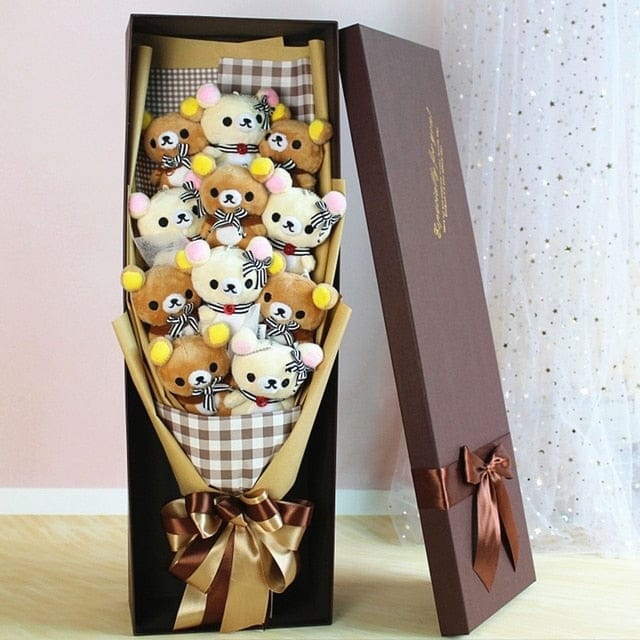 Kawaii Bear Valentines Plushie Bouquet WITHOUT GIFT BOX Brown Soft Toy The Kawaii Shoppu