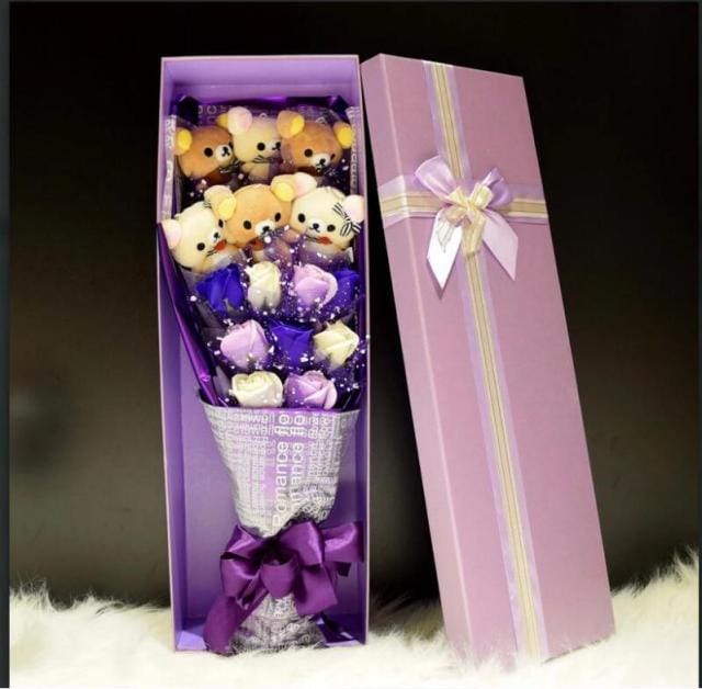 Kawaii Bear Valentines Plushie Bouquet WITHOUT GIFT BOX Purple Soft Toy The Kawaii Shoppu