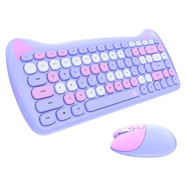 Kawaii Cat Wireless Keyboard & Mouse Set Purple Set Keyboard The Kawaii Shoppu
