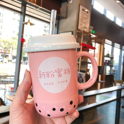 Kawaii Ceramic Coffee Boba Mug Pink null The Kawaii Shoppu
