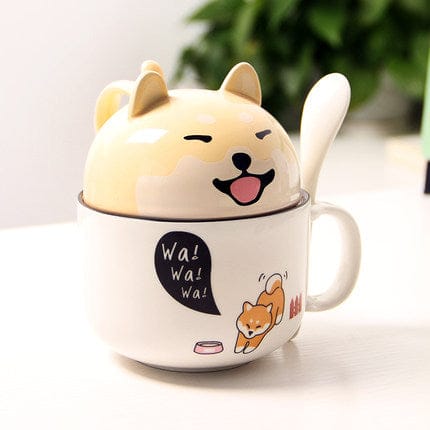 Kawaii Ceramic Pet Mug with Cover and Spoon Beige Doge 350ml null The Kawaii Shoppu
