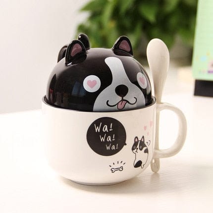 Kawaii Ceramic Pet Mug with Cover and Spoon Black / White Dog 350ml null The Kawaii Shoppu