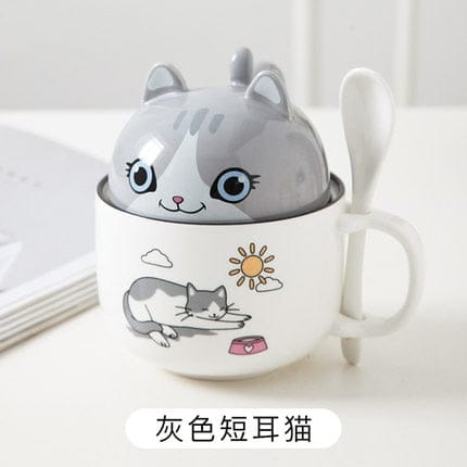 Kawaii Ceramic Pet Mug with Cover and Spoon Grey Kitty 350ml null The Kawaii Shoppu