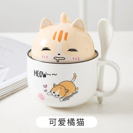 Kawaii Ceramic Pet Mug with Cover and Spoon Orange Cat 350ml null The Kawaii Shoppu
