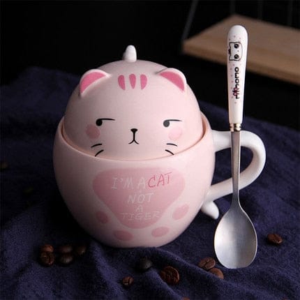 Kawaii Ceramic Pet Mug with Cover and Spoon Pink Kitty 350ml null The Kawaii Shoppu