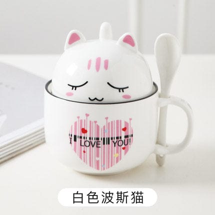 Kawaii Ceramic Pet Mug with Cover and Spoon White Pink 350ml null The Kawaii Shoppu