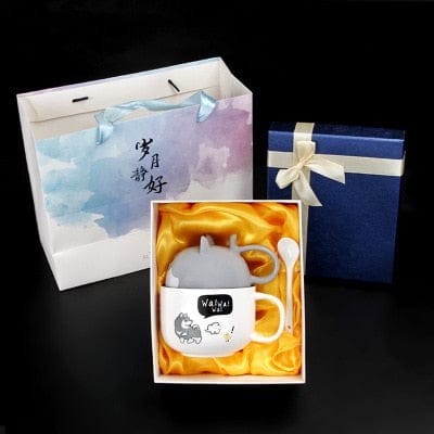 Kawaii Ceramic Pet Mug with Cover and Spoon with gift box gray 350ml null The Kawaii Shoppu