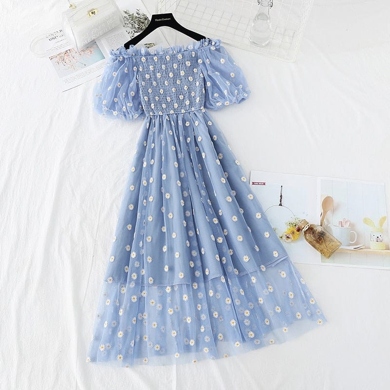 Kawaii Daisy Puff Sleeve Summer Dress - S - XL Blue S Fashion The Kawaii Shoppu