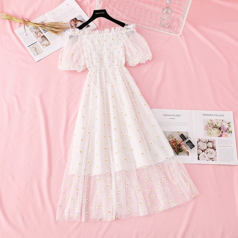 Kawaii Daisy Puff Sleeve Summer Dress - S - XL White S Fashion The Kawaii Shoppu