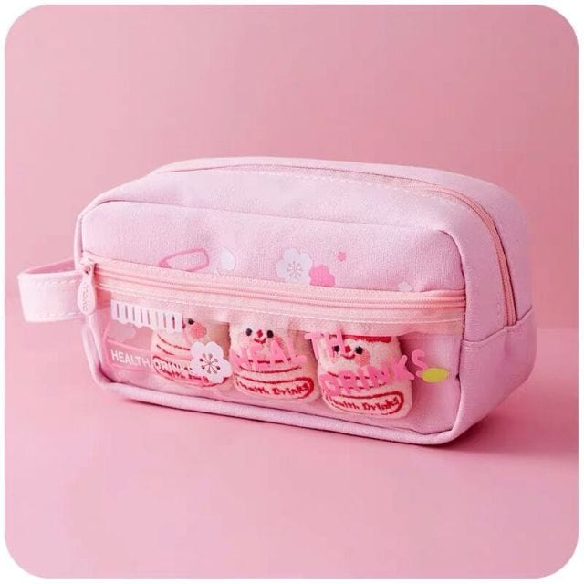 Kawaii Pet Charm Poms Pencil Case pink yakult Bags The Kawaii Shoppu