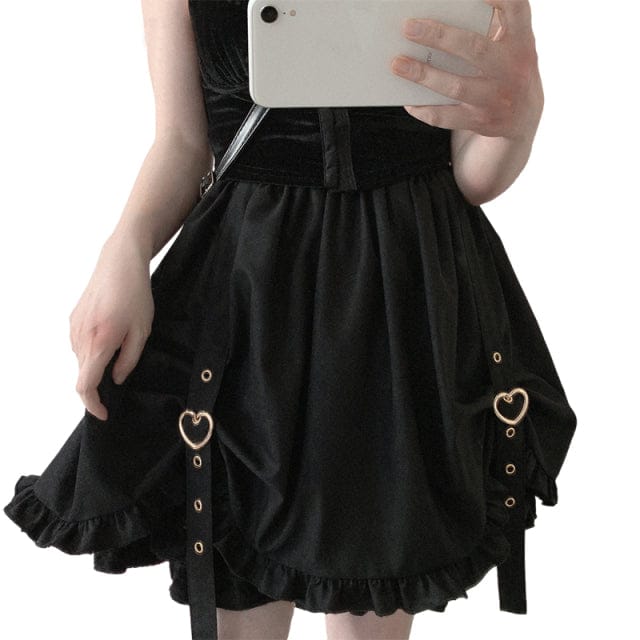 Kawaii Ruffle High Waist Heart Belt Skirt Black Skirt One Size Clothing and Accessories The Kawaii Shoppu