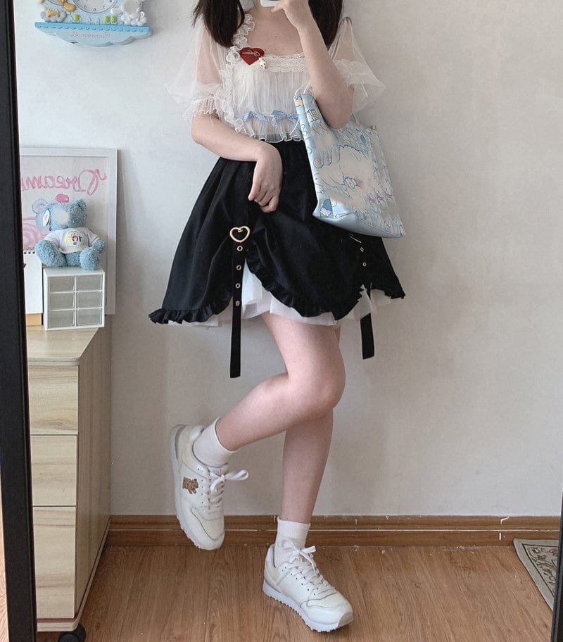 Kawaii Ruffle High Waist Heart Belt Skirt One Size Clothing and Accessories The Kawaii Shoppu
