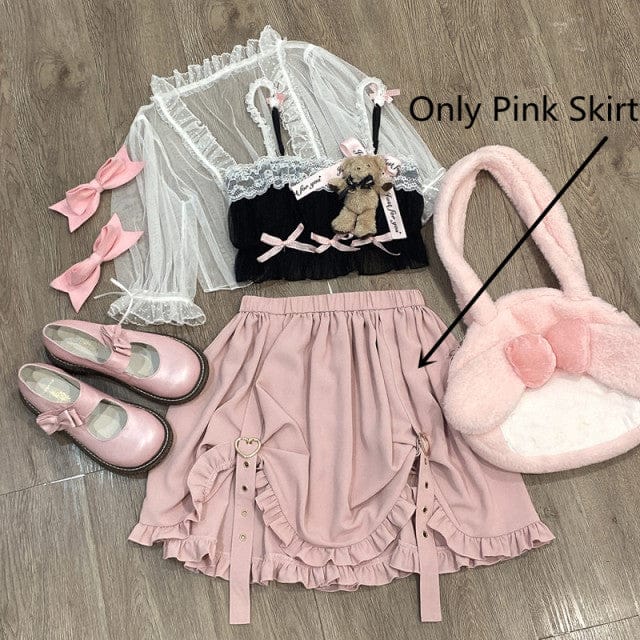 Kawaii Ruffle High Waist Heart Belt Skirt Pink Skirt One Size Clothing and Accessories The Kawaii Shoppu