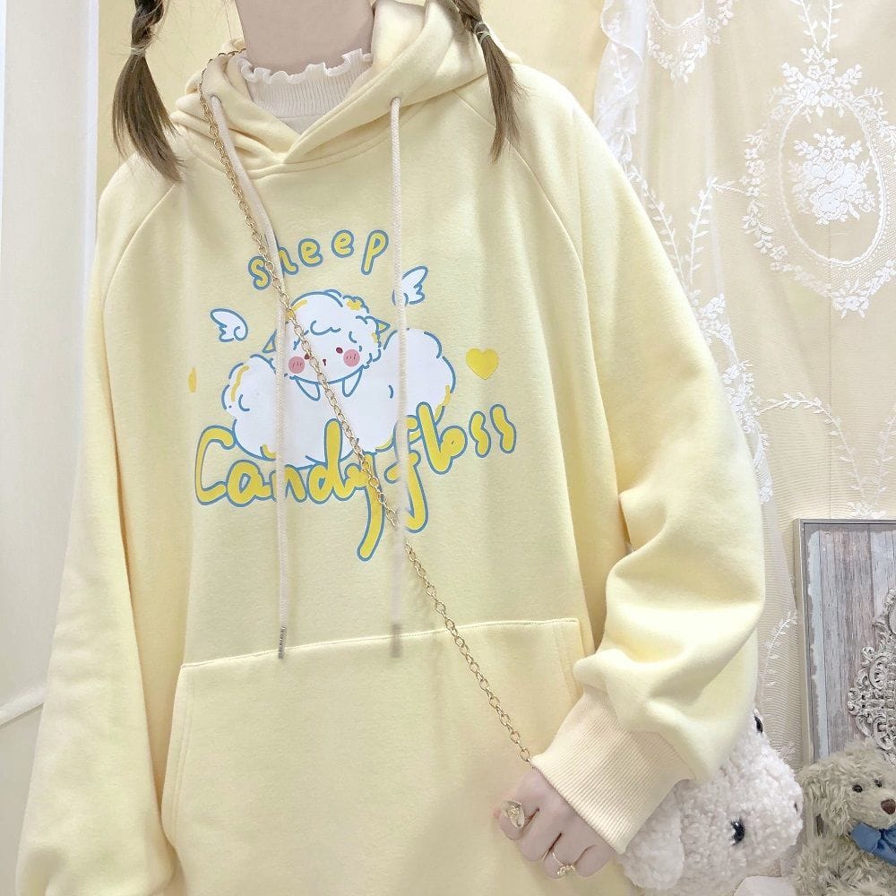 Kawaii Sheep Candy Floss Hoodie Yellow Clothing and Accessories The Kawaii Shoppu