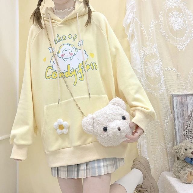 Kawaii Sheep Candy Floss Hoodie Yellow S Clothing and Accessories The Kawaii Shoppu