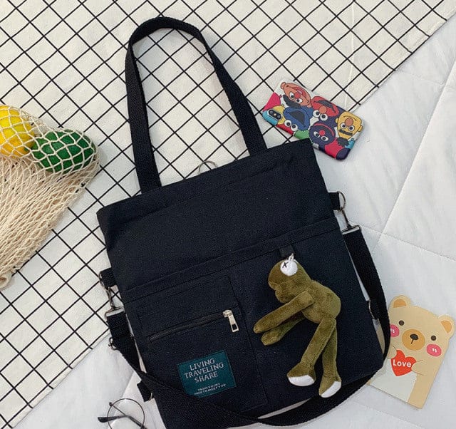 Kawaii Travel Tote Shopping Bag Style 1 Black with frog Bags The Kawaii Shoppu