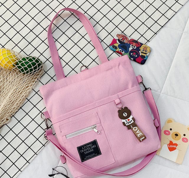 Kawaii Travel Tote Shopping Bag Style 1 Pink with bear Bags The Kawaii Shoppu