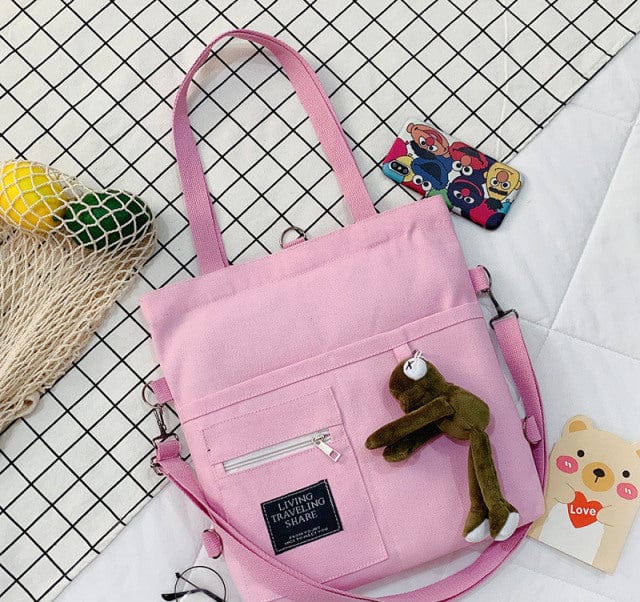 Kawaii Travel Tote Shopping Bag Style 1 Pink with frog Bags The Kawaii Shoppu