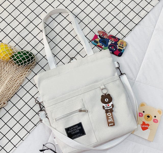 Kawaii Travel Tote Shopping Bag Style 1 White with bear Bags The Kawaii Shoppu