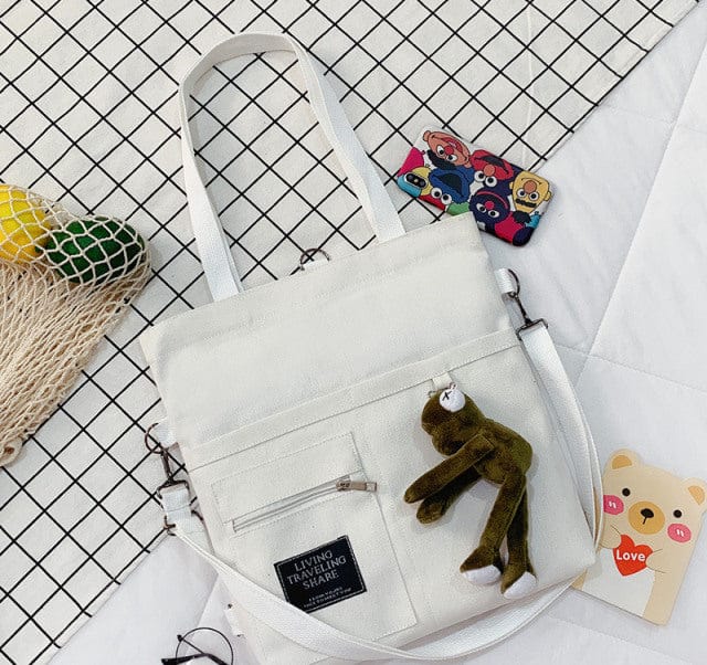 Kawaii Travel Tote Shopping Bag Style 1 White with frog Bags The Kawaii Shoppu