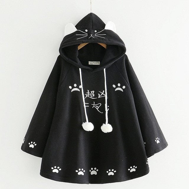 Kittie Ears Poncho Hoodie black hoodies One Size Fashion The Kawaii Shoppu