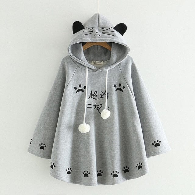 Kittie Ears Poncho Hoodie gray hoodies One Size Fashion The Kawaii Shoppu