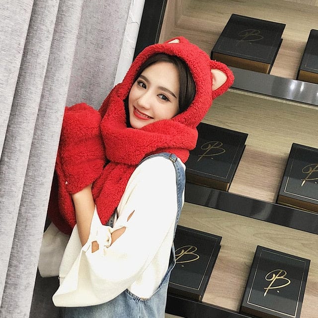 Kitty Ears Fluffy Winter Hat Scarf Red Fashion The Kawaii Shoppu