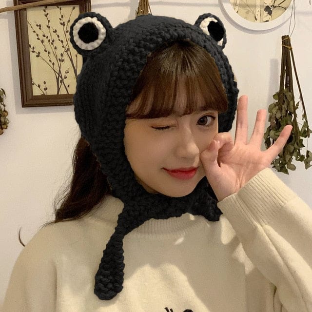Knitted Froggy Hat Black 56-59cm Fashion The Kawaii Shoppu