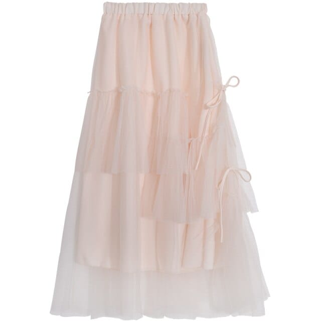 Korean Style Midi Mesh Skirt Beige L Fashion The Kawaii Shoppu