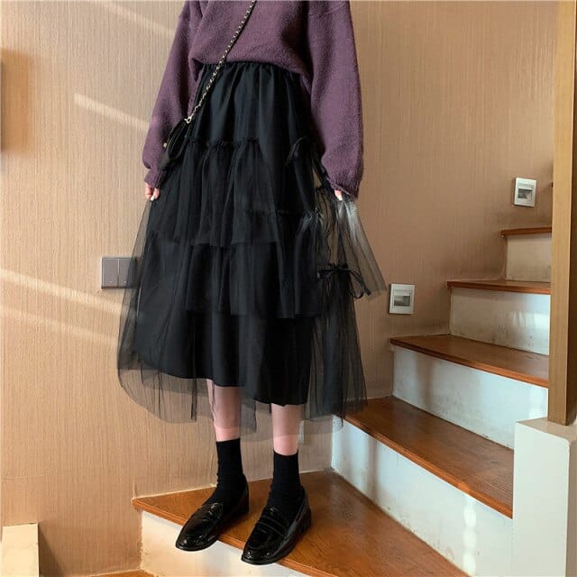 Korean Style Midi Mesh Skirt Black M Fashion The Kawaii Shoppu